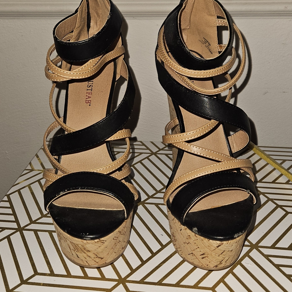 JustFab Black and Tan Strappy Wedge Sandals